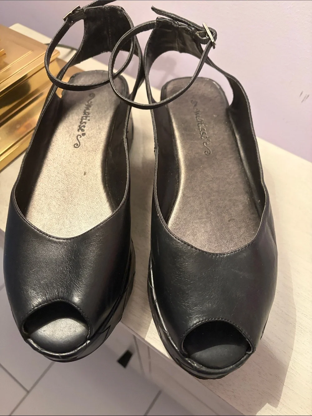 Vintage- Black Open-Toe Ankle Strap Wedge Sandals